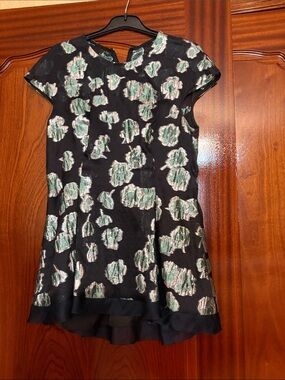 Lela Rose Black blouse with Mint and Silver Floral Jacquard